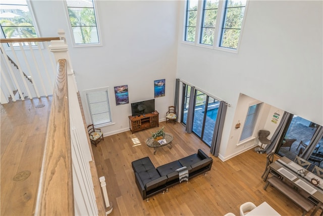 living room with a wealth of natural light, hardwood / wood-style floors, and a towering ceiling