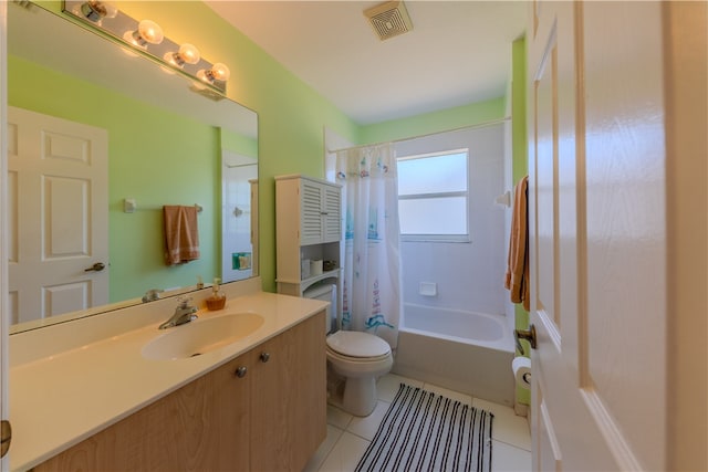 full bathroom with toilet, vanity, tile patterned floors, and shower / bathtub combination with curtain