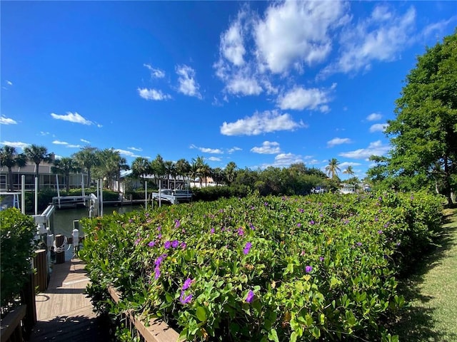 exterior space featuring a water view and a dock