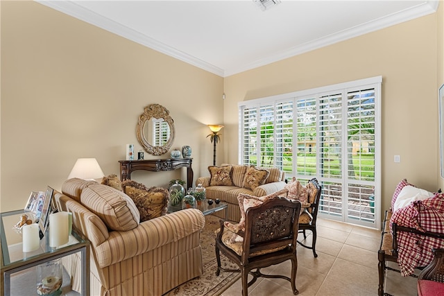 living room with light tile patterned floors and crown molding