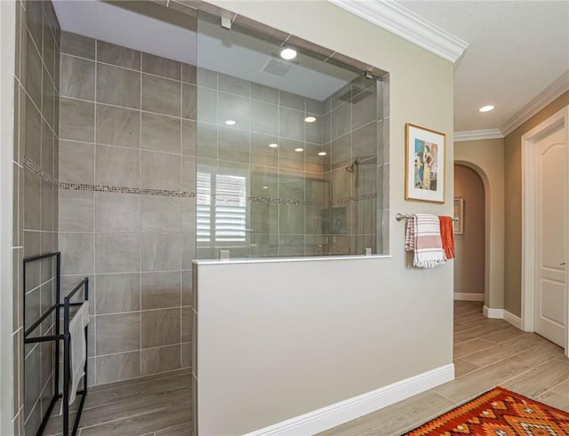 4836 Four Lakes Cir SW, Vero Beach, FL 32968 - full bath with crown molding, a walk in shower, and baseboards