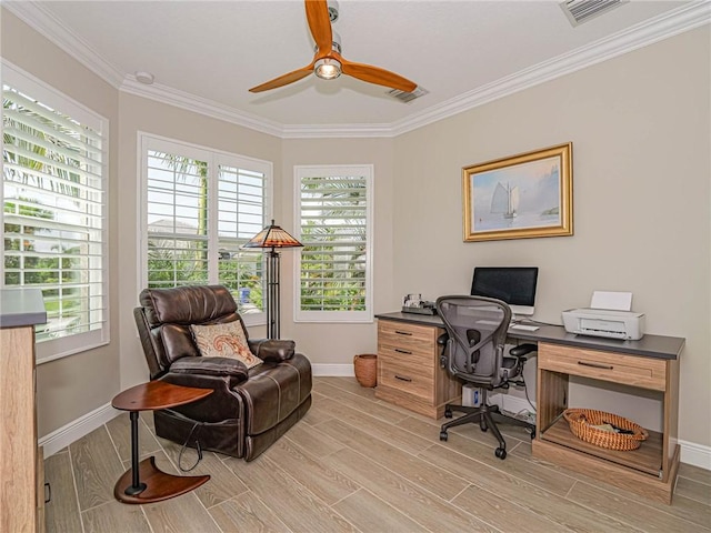 4836 Four Lakes Cir SW, Vero Beach, FL 32968 - home office with plenty of natural light, light wood-style floors, crown molding, and a ceiling fan