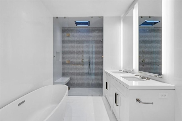 bathroom with vanity, tile patterned floors, and independent shower and bath