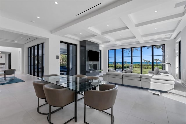 tiled living room featuring beam ceiling and coffered ceiling