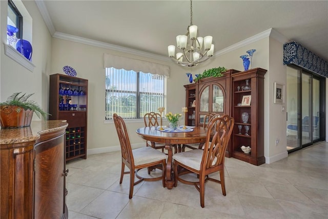 dining area featuring crown molding, light tile patterned floors, and a chandelier