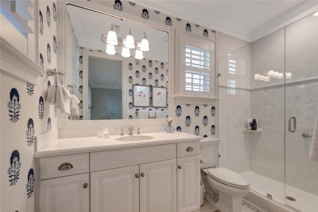 bathroom featuring walk in shower, ornamental molding, toilet, and vanity