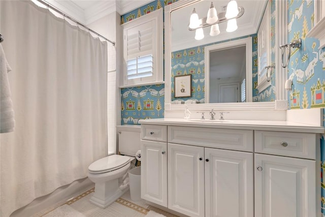 full bathroom with ornamental molding, toilet, shower / tub combo, and vanity