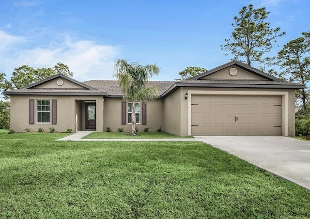 7860 97th Ave, Vero Beach, FL 32967 - ranch-style home with stucco siding, concrete driveway, an attached garage, and a front yard