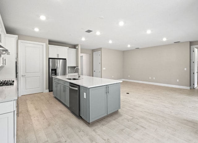 1251 Haven Unit Prestige 37, Vero Beach, FL 32960 - kitchen with a sink, stainless steel appliances, an island with sink, white cabinets, and light wood-type flooring