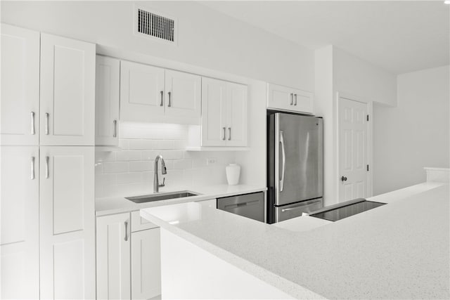 kitchen with decorative backsplash, white cabinetry, sink, and appliances with stainless steel finishes