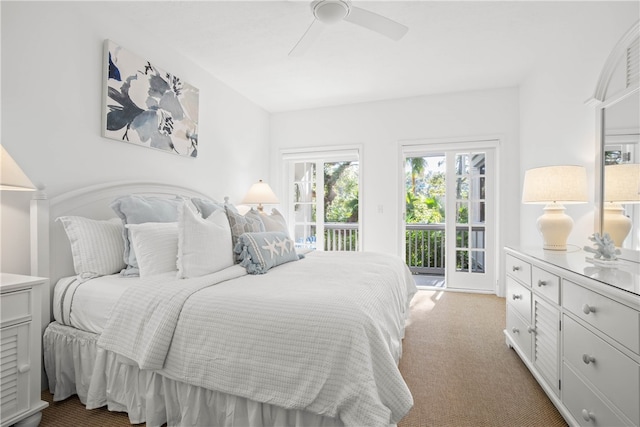 carpeted bedroom with access to outside and ceiling fan