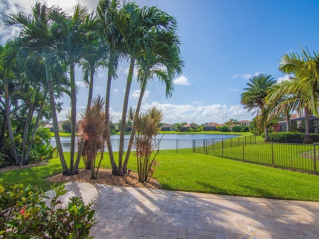 view of patio featuring a water view