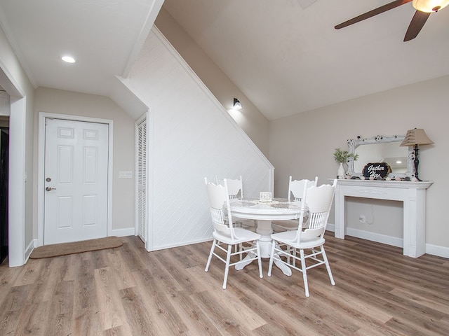 dining room featuring ceiling fan and wood-type flooring