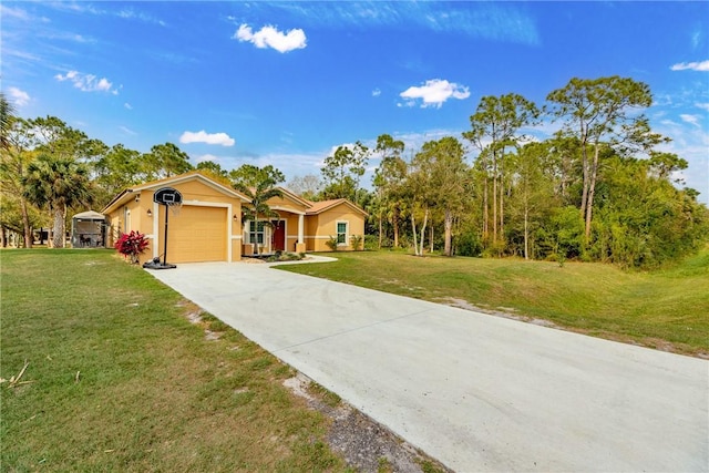 ranch-style home featuring a garage and a front lawn