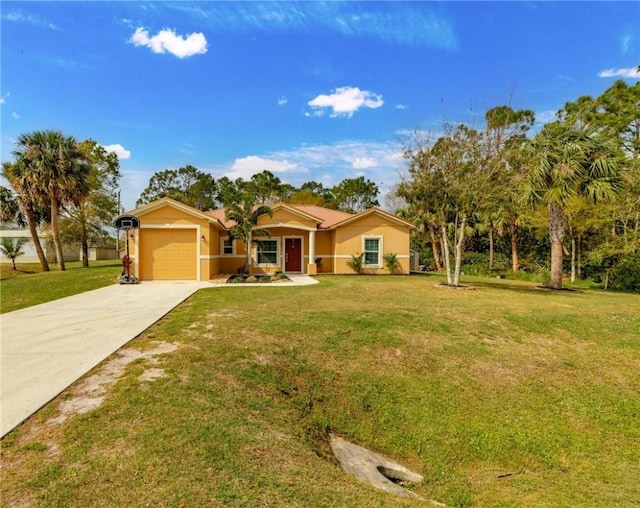 ranch-style home featuring a garage and a front lawn