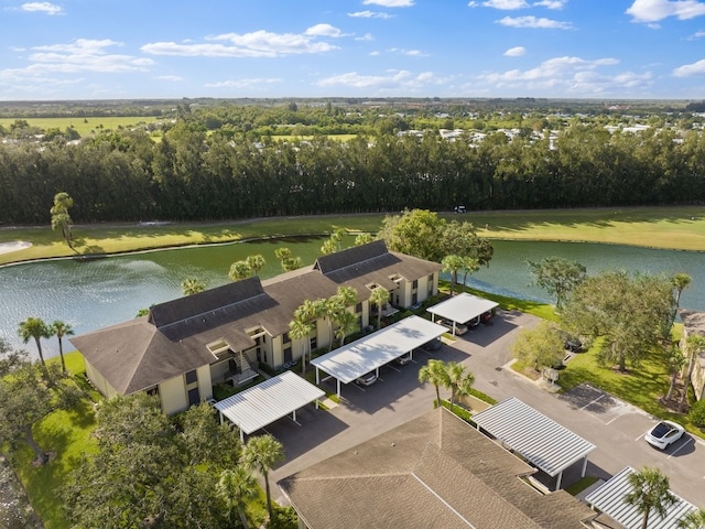 bird's eye view with a water view