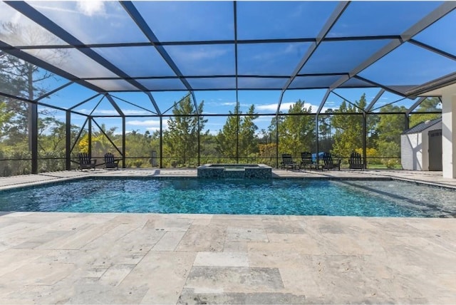 view of swimming pool featuring a lanai, a patio area, and an in ground hot tub