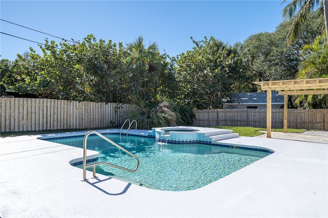 view of pool featuring an in ground hot tub, a patio, and a pergola