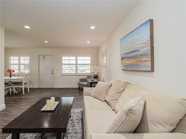 living room with plenty of natural light and dark hardwood / wood-style flooring