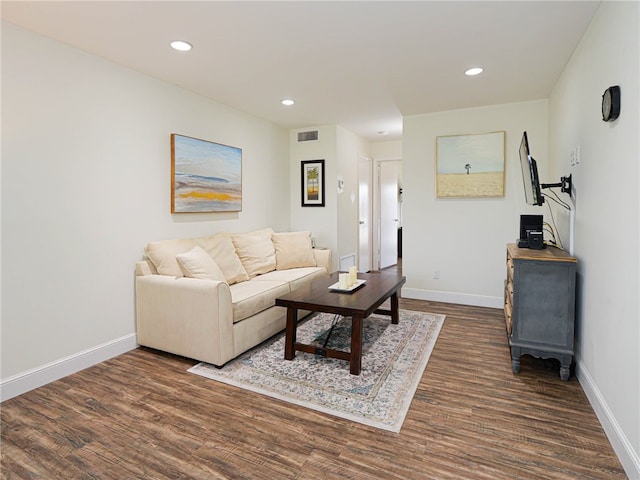 living room featuring dark wood-type flooring