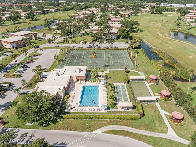 bird's eye view with a water view