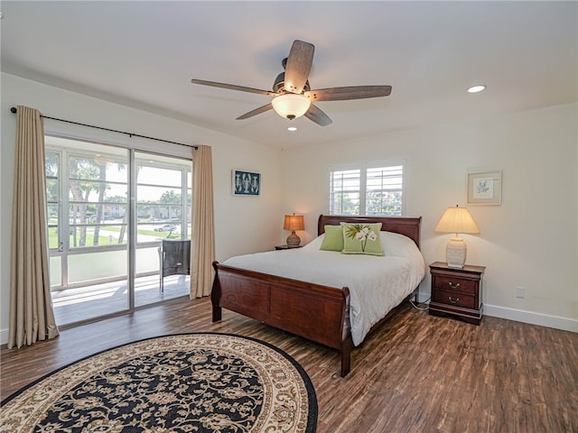 bedroom with access to outside, ceiling fan, and dark hardwood / wood-style flooring