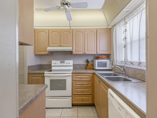 kitchen with light tile patterned flooring, sink, light brown cabinets, ceiling fan, and white appliances