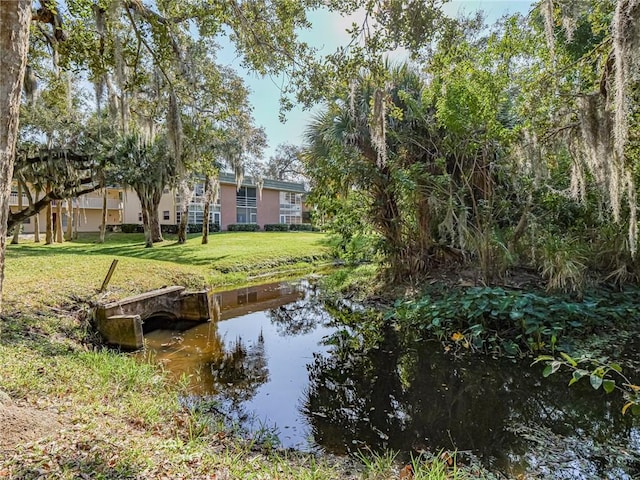 view of dock featuring a yard and a water view