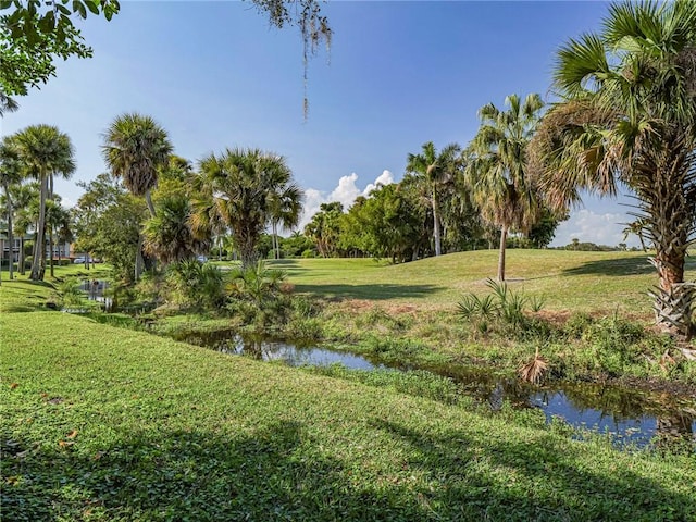 view of community with a yard and a water view