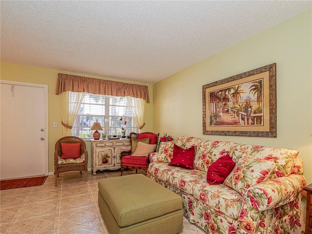 tiled living room with a textured ceiling