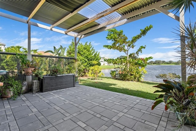 view of patio / terrace featuring a water view