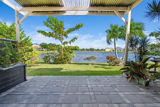 view of patio / terrace with a water view