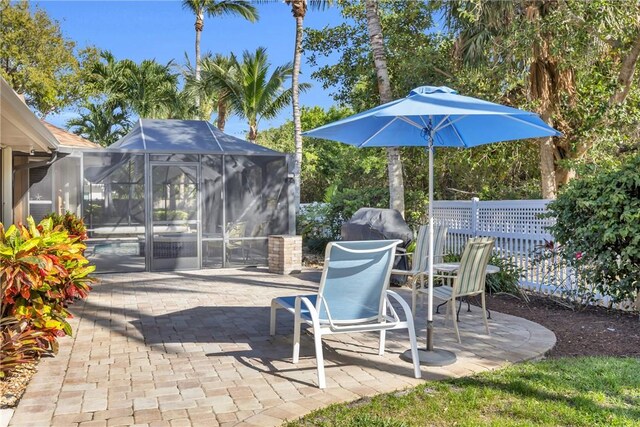 view of patio / terrace featuring glass enclosure and fence