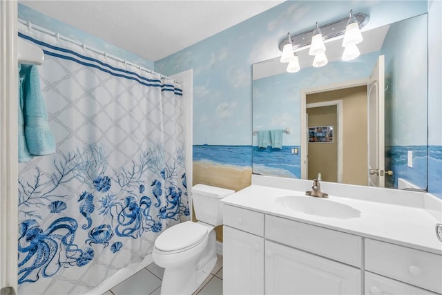 full bath with toilet, tile patterned floors, a shower with curtain, and vanity