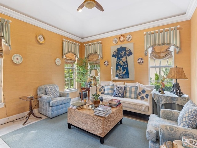 tiled living room featuring crown molding and ceiling fan