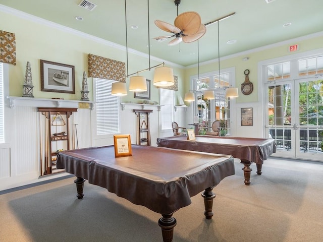 rec room with crown molding, billiards, carpet floors, and french doors