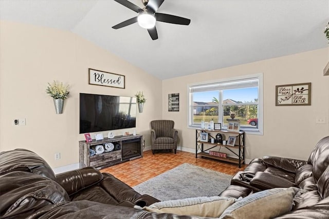 living room with vaulted ceiling and ceiling fan