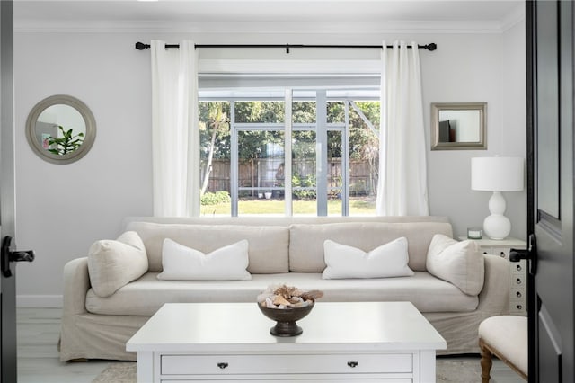 living area featuring baseboards and ornamental molding