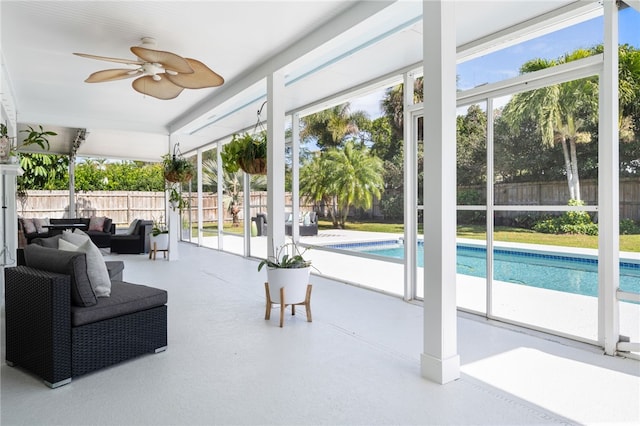 view of pool featuring a fenced in pool, an outdoor hangout area, a patio, and a fenced backyard