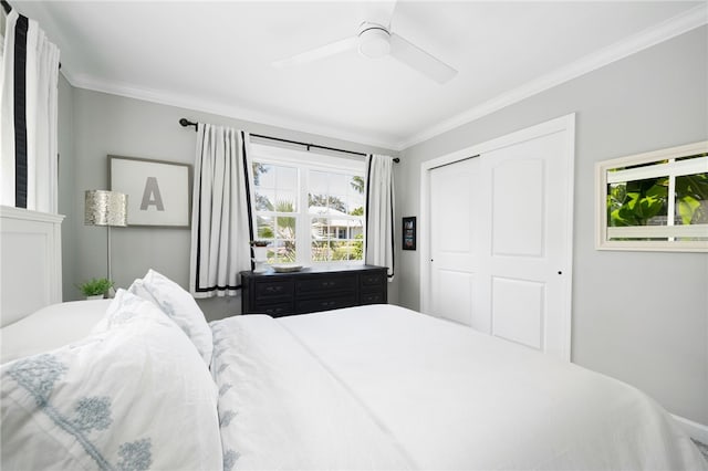 bedroom featuring a closet, ceiling fan, and crown molding