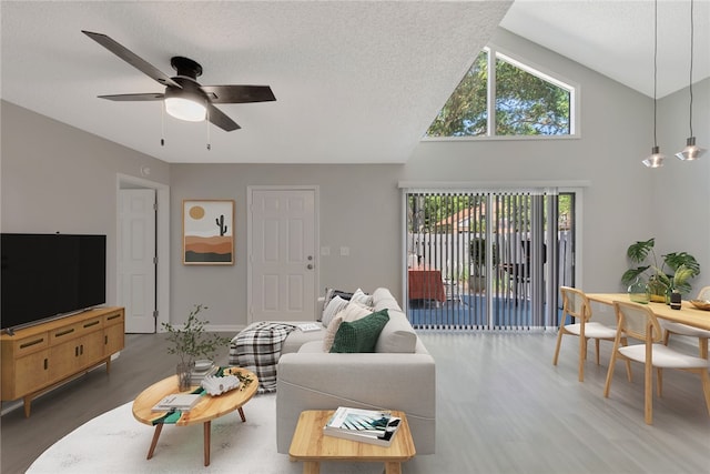 living room featuring a textured ceiling, high vaulted ceiling, dark wood-type flooring, and ceiling fan