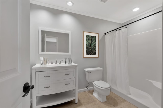 bathroom featuring walk in shower, vanity, toilet, and tile patterned floors