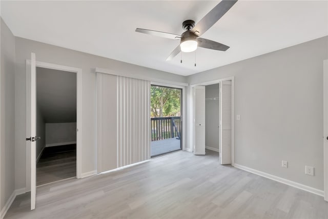 unfurnished bedroom with ceiling fan, a closet, access to exterior, and light hardwood / wood-style flooring