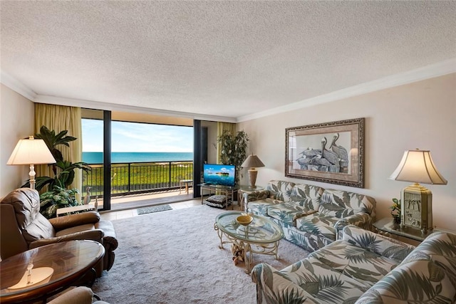 1480 Ocean Dr Unit 4C, Vero Beach, FL 32963 - living room featuring floor to ceiling windows, crown molding, a textured ceiling, and carpet floors