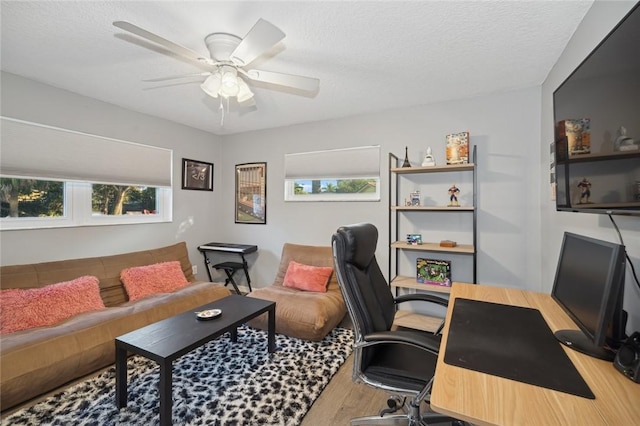 office featuring hardwood / wood-style flooring, a textured ceiling, ceiling fan, and a healthy amount of sunlight