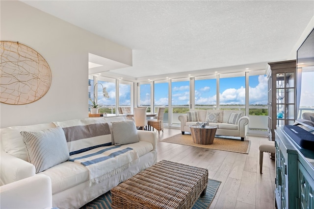 living room featuring expansive windows, a textured ceiling, and light hardwood / wood-style flooring