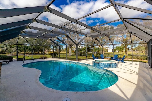 view of swimming pool with an in ground hot tub, a lanai, and a patio