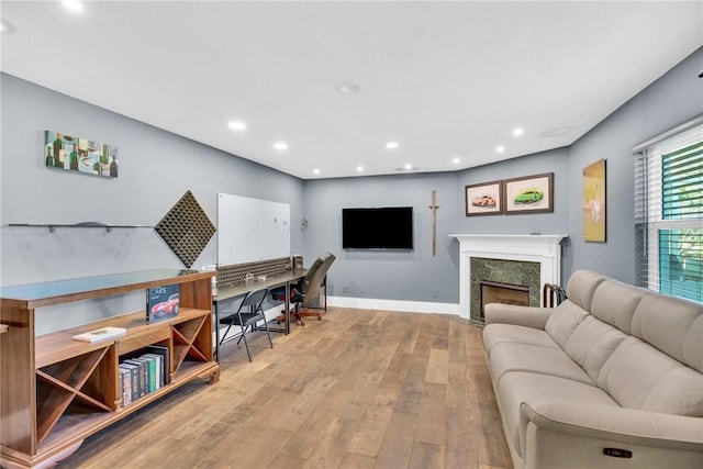 living room with a fireplace and light wood-type flooring