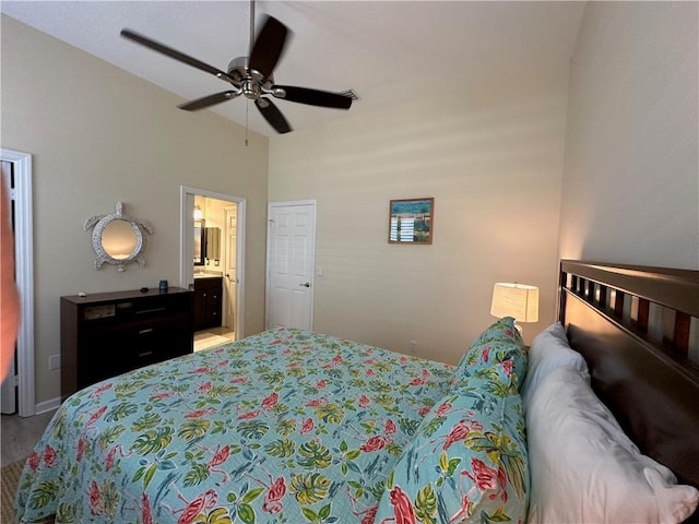 bedroom featuring ensuite bathroom and ceiling fan