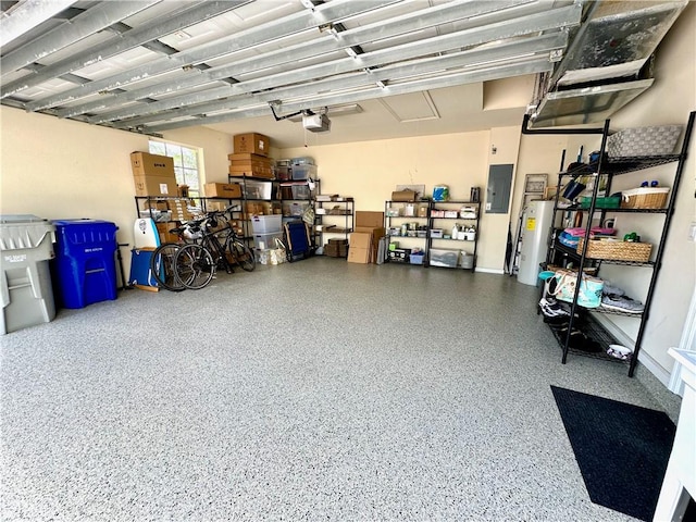 garage featuring electric panel, a garage door opener, and water heater